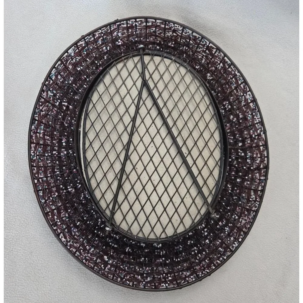 Vtg Metal Oval Beaded Wall Mirror Boho Deep Purple Brown Seed Beads